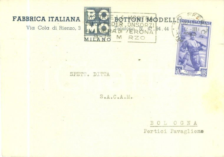 1952 MILANO Fabbrica Italiana Bottoni Modello *Cartolina commerciale FG VG