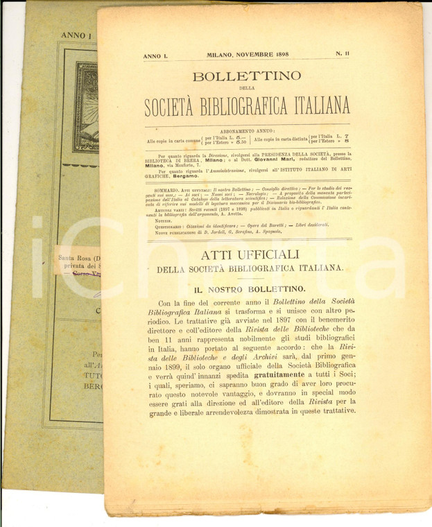 1898 SOCIETA' BIBLIOGRAFICA ITALIANA Italia e catalogo letteratura scientifica