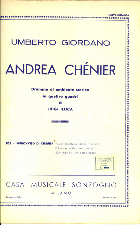 1952 Umberto GIORDANO Andrea Chénier - Improvviso *Spartito SONZOGNO