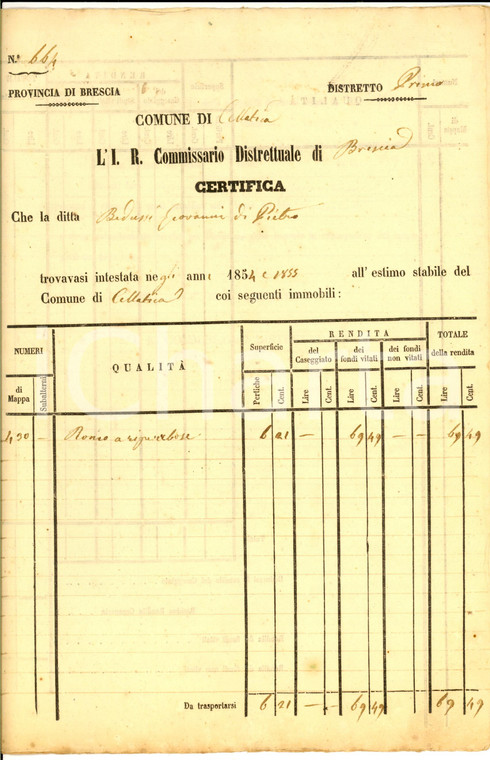 1855 CELLATICA (BS) Famiglia BEDUSSI - Certificato proprietà ronco a ripe erbose