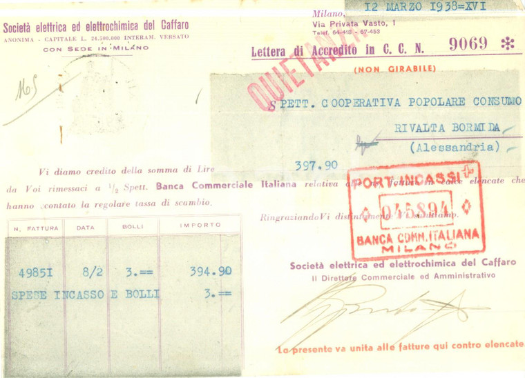 1938 MILANO Società elettrica ed elettrochimica del CAFFARO Lettera di accredito