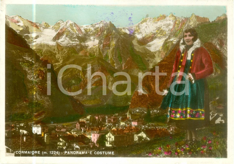 1941 COURMAYEUR (AO) Panorama e ragazza in costume tipico *Cartolina FG VG