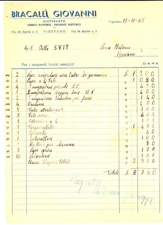 1945 VIGEVANO (PV) Elettrauto Giovanni BRACALLI Carico batterie *Fattura