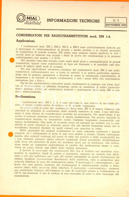 1939 MILANO Ditta MIAL - Condensatori per radiotrasmettitori XM 1-4 *Volantino