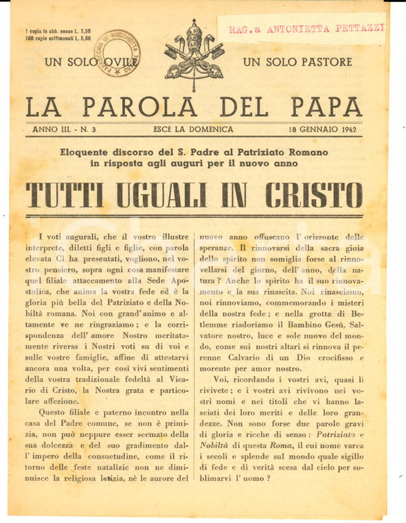 1942 LA PAROLA DEL PAPA Tutti uguali in Cristo *Bollettino anno III n°3