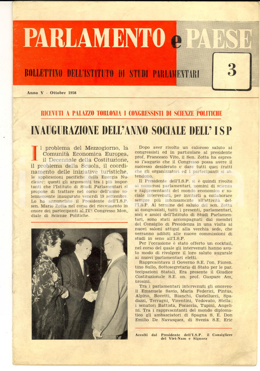 1958 PARLAMENTO E PAESE Inaugurazione anno sociale ISP *Anno V n° 3