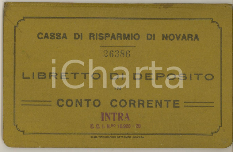 1926 VERBANIA INTRA Cassa di Risparmio di Novara - Libretto di deposito