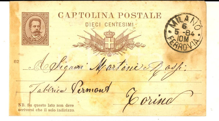 1884 MILANO Alceste BIANCHI a MARTINI & ROSSI per ordine vermouth *Cartolina