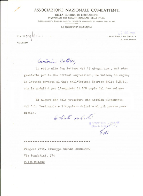 1984 ROMA Lettera Associazione Nazionale Combattenti - Autografo gen. DE BARTOLO