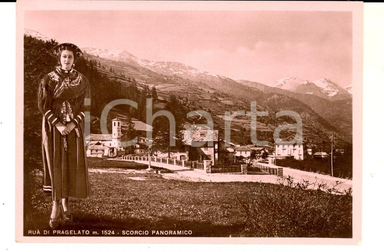 1950 RUA' DI PRAGELATO Scorcio panoramico con donna in costume *Cartolina FG