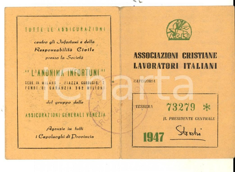 1947 ROMAGNANO SESIA Tessera ACLI - Gaudenzio BIANCHI operaio