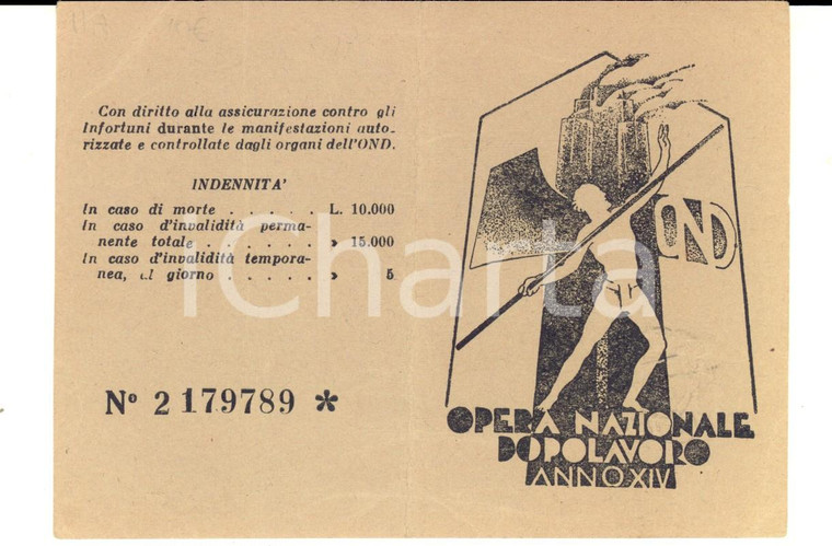 1936 OND CORDIGNANO Dopolavoro aziendale - Tessera Luigina MENEGHETTI