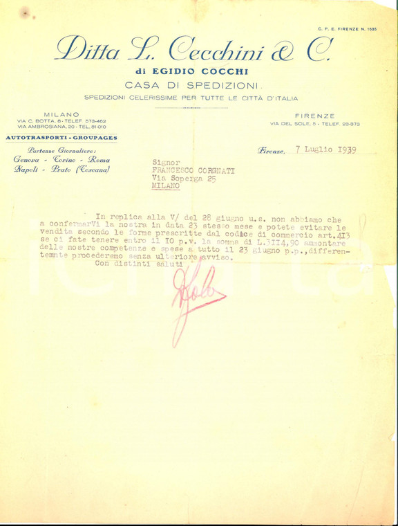 1939 FIRENZE Ditta L. CECCHINI di Egidio COCCHI Spedizioni *Lettera commerciale