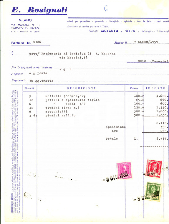 1959 MILANO Ditta E. ROSIGNOLI Articoli per profumerie *Fattura con bolli