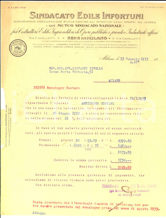1933 MILANO Sindacato Edile Infortuni - Lettera per invalidità di un operaio