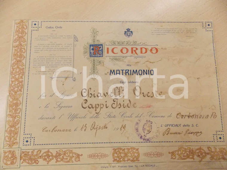 1919 CARBONARA DI PO Ricordo nozze Oreste CHIAVELLI - Iside CAPPI *DANNEGGIATO