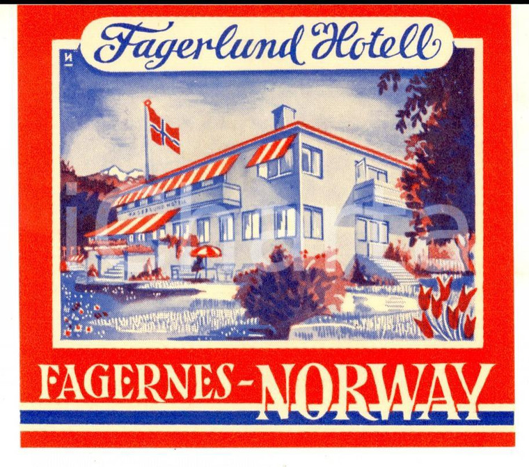 1950 ca NORWAY Fagerlund Hotell *Etichetta pubblicitaria ILLUSTRATA 12x10