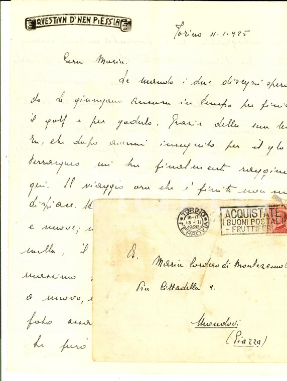 1925 TORINO Lettera di nobildonna a Maria CORDERO DI MONTEZEMOLO *Autografa