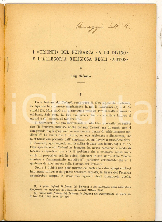 1930 Luigi SORRENTO I Trionfi del Petrarca "a lo divino" *Invio AUTOGRAFO