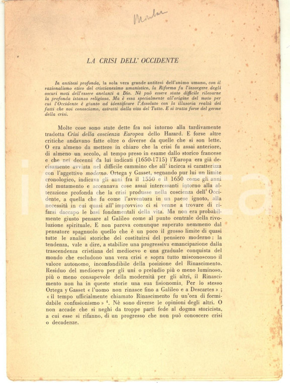 1948 Rocco MONTANO La crisi dell'Occidente - Estratto da "Delta" 28 pp.
