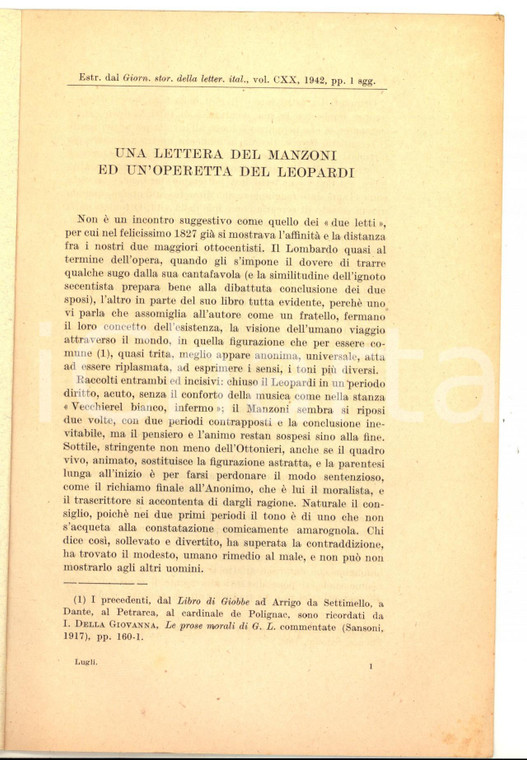 1942 Vittorio LUGLI Una lettera del Manzoni ed un'operetta del Leopardi 20 pp.