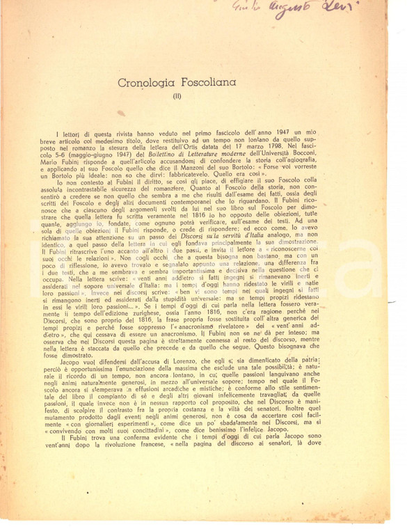 1949 Giulio Augusto LEVI Cronologia foscoliana *Estratto invio autografo 12 pp