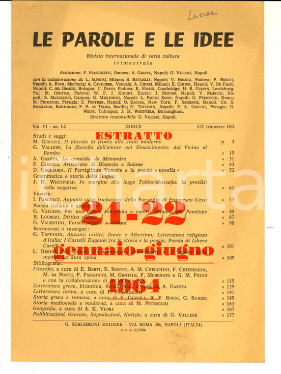 1964 Bruno LUCREZI Dittico chiuso *Estratto "Le parole e le idee" 4 pp.