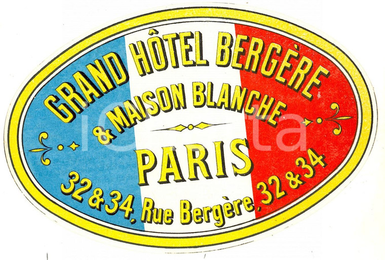 1920 ca PARIS Grand Hotel BERGERE & MAISON BLANCHE *Etichetta 16x12 cm