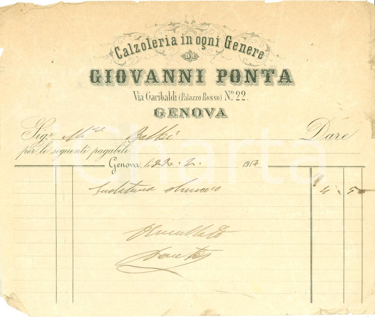 1914 GENOVA Giovanni PONTA Calzoleria in ogni genere *Fattura DANNEGGIATA 