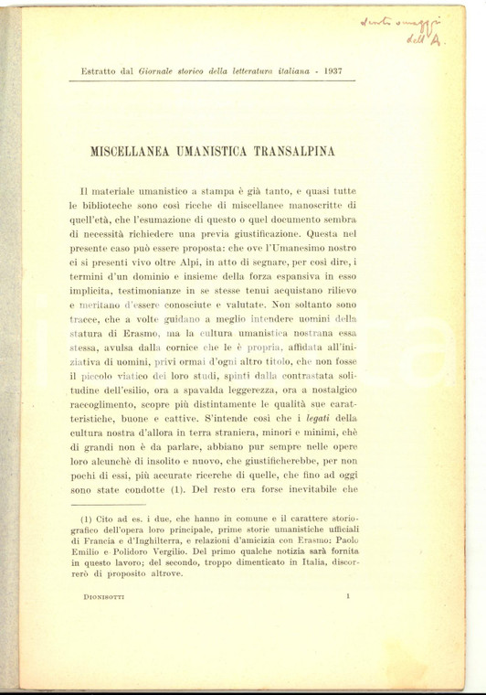 1937 Carlo DIONISOTTI Miscellanea umanistica transalpina ^Invio AUTOGRAFO 