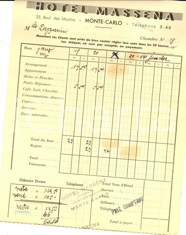 1936 MONTECARLO Hotel MASSENA - Conto della camera *Carta intestata 