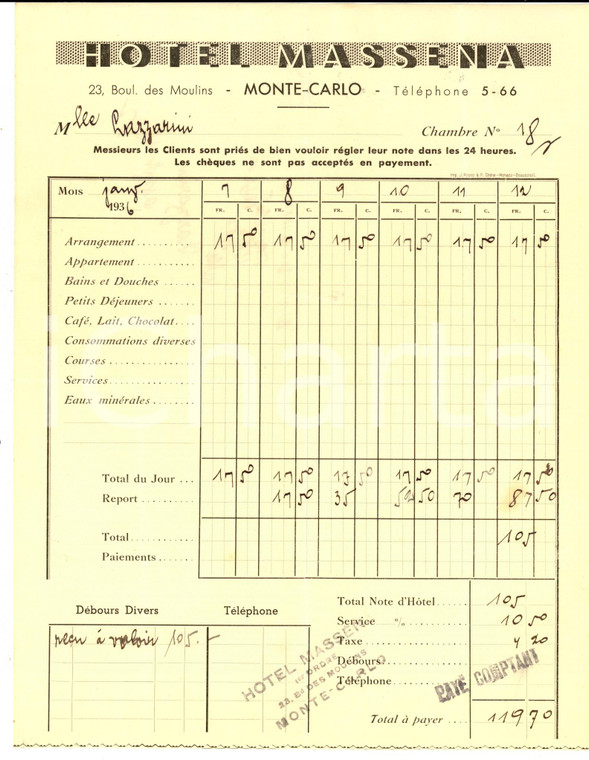 1936 MONTECARLO Hotel MASSENA - Conto della camera *Carta intestata (5) 