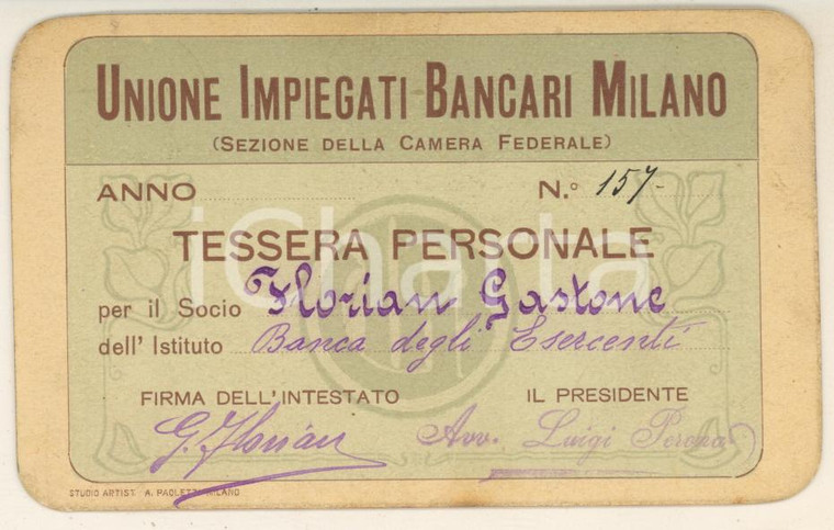 1912 MILANO Unione Impiegati Bancari - Tessera Gastone FLORIAN *Banca Esercenti 