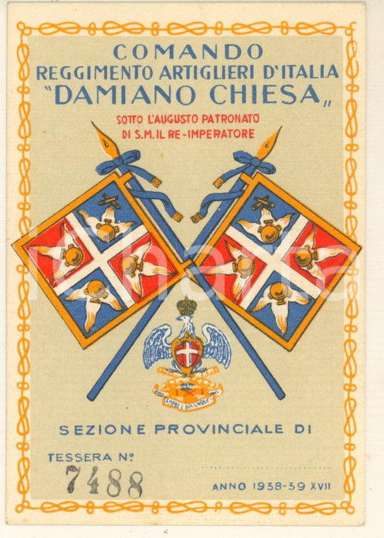 1938 VENEZIA Reggimento Artiglieri "Damiano Chiesa" *Tessera avv. MARANGONI