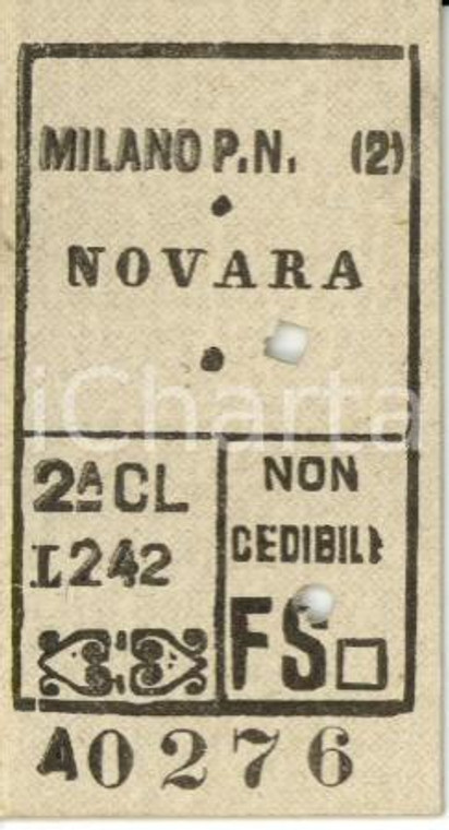 1949 FF.SS. MILANO PORTA NUOVA - NOVARA Biglietto ferroviario di seconda classe 