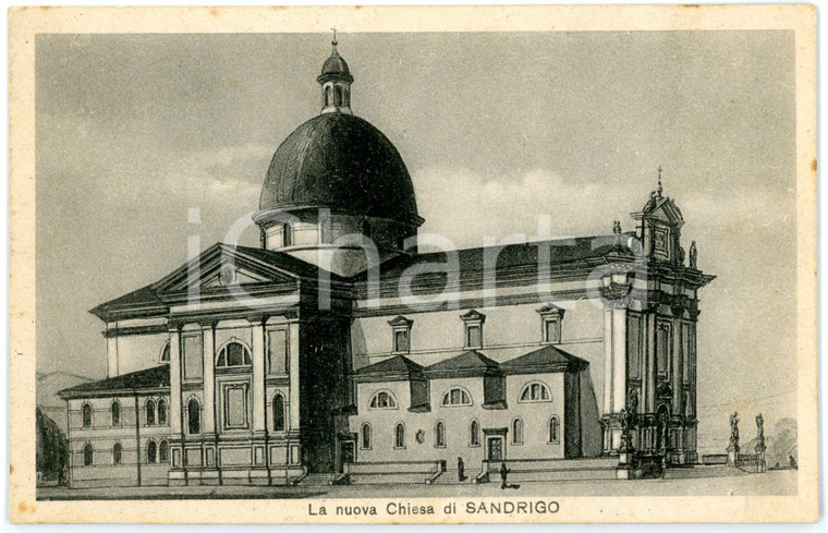 1940 ca SANDRIGO (VI) Veduta chiesa SS. FILIPPO E GIACOMO *Cartolina ILLUSTRATA