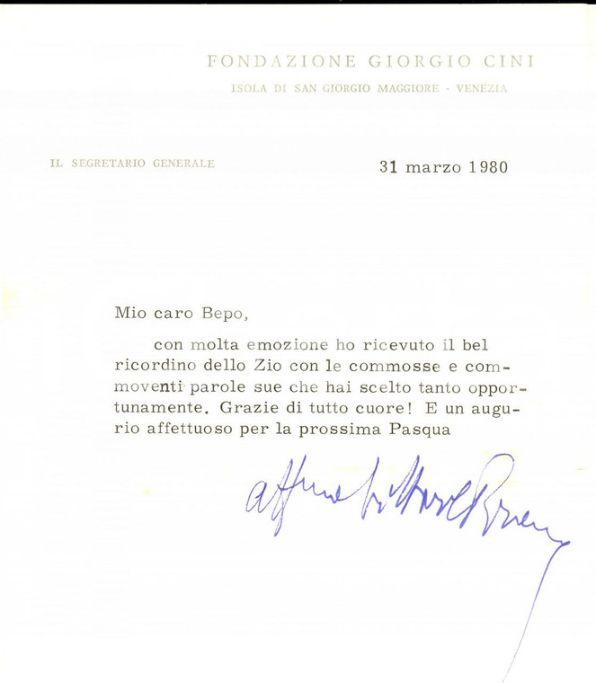 1980 VENEZIA Fondazione CINI - Vittore BRANCA per ringraziamento *Autografo