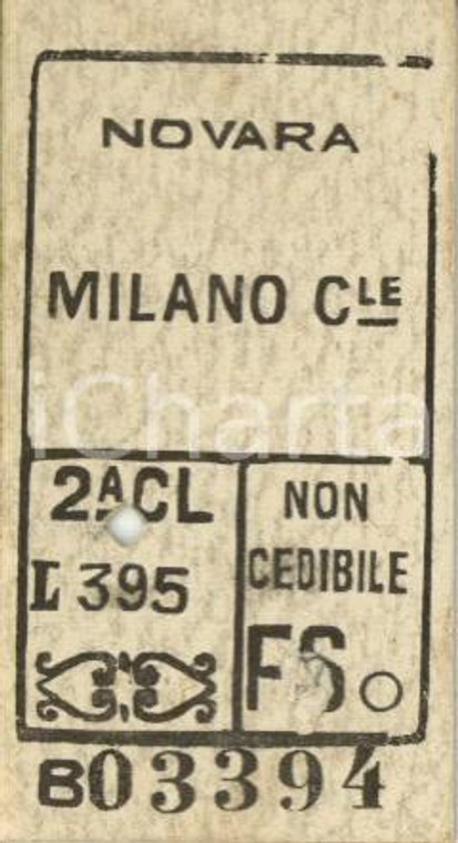 1949 FF.SS. NOVARA - MILANO CENTRALE Biglietto ferroviario di seconda classe