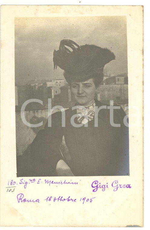 1905 ROMA Ritratto di Elena MENICHINI con cappello piumato - Fotocartolina