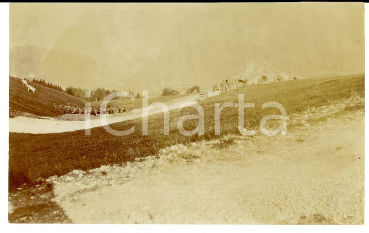 1916 WW1 ZONA DI GUERRA Battaglione e automezzi in pascolo di montagna FOTO 12x9