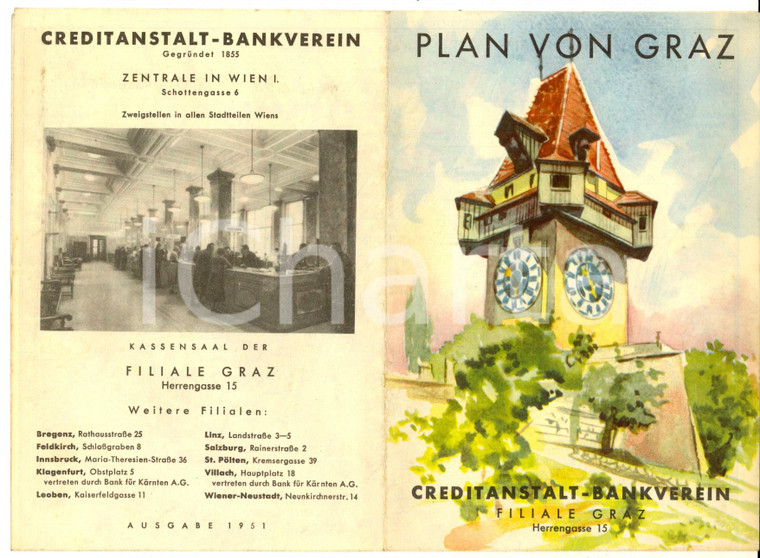 1951 Plan von GRAZ (OSTERREICH) Vintage brochure - CREDITANSTALT - BANKVEREIN