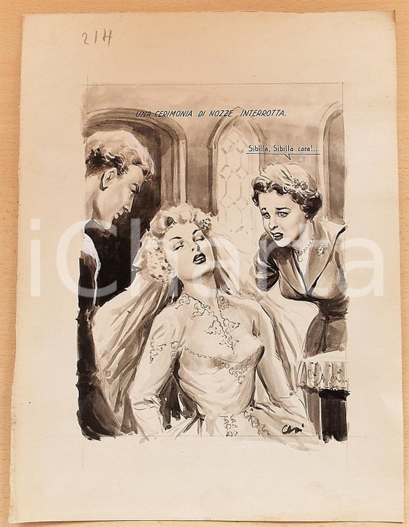 1955 ca BOZZETTO ORIGINALE Sposa sviene durante matrimonio *Illustrazione CESI