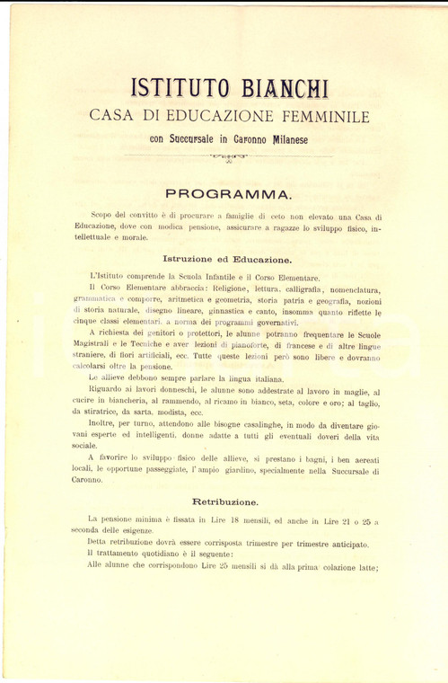 1890 ca CARONNO MILANESE Istituto BIANCHI Casa di educazione femminile PROGRAMMA