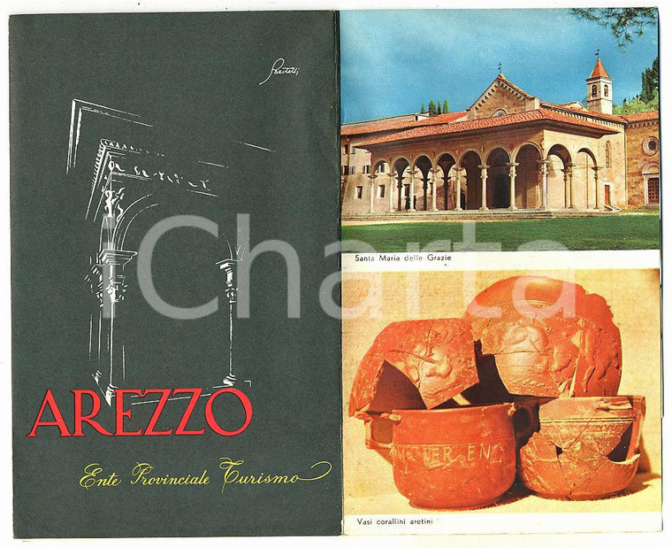  1965 ca AREZZO Pieghevole illustrato VINTAGE con mappa della città *12x18 cm 