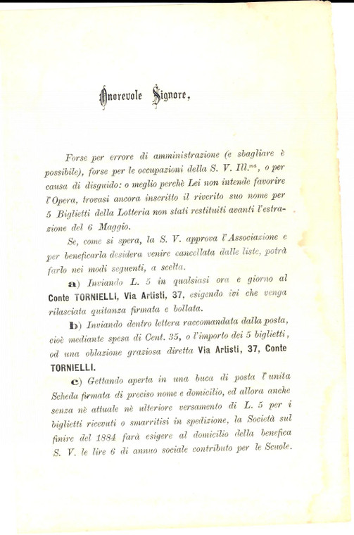 1884 TORINO Volantino acquisto lotteria pro scuole SAN CARLO per gli operai (1)