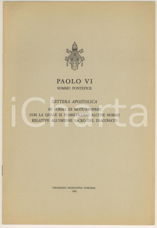 1972 Papa PAOLO VI Lettera apostolica - Ordine sacro del diaconato (1)