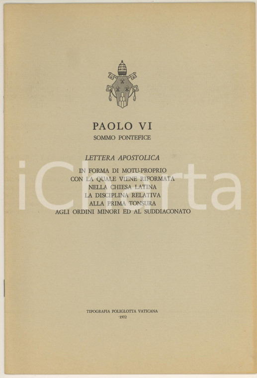1972 Papa PAOLO VI Lettera apostolica - Prima tonsura e suddiaconato (2)