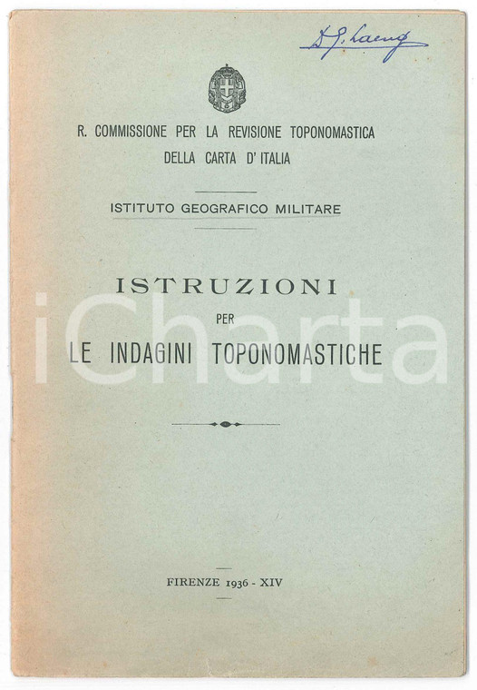 1936 Istituto Geografico Militare - Istruzioni per le indagini toponomastiche Pubblicazione originale d'epoca.PAGINE: 21EDITORE: Firenze, Istituto Geografico Militare  POOR/danneggiato sottolineature Formato: 13x19 cm originale e autentica 1