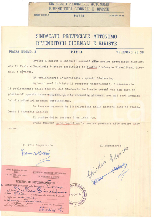 1950 ca PAVIA Sindacato Provinciale Rivenditori Giornali e Riviste - Lettera