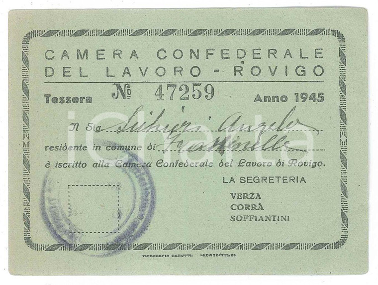 1945 ROVIGO Camera confederale del lavoro - Tessera di iscrizione 11x8 cm